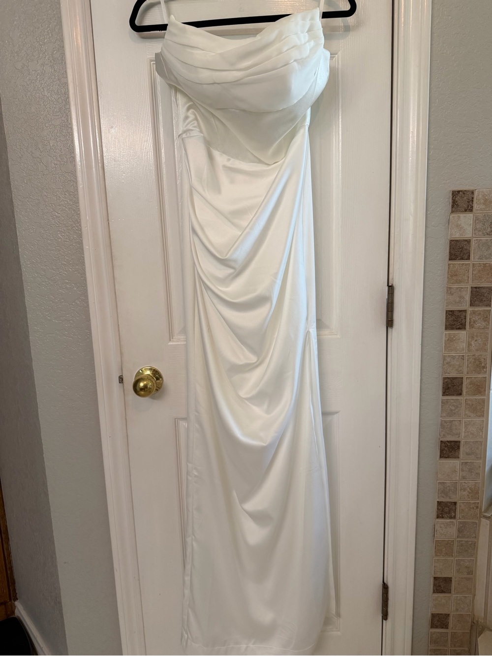 White Strapless Draped Satin Evening Dress